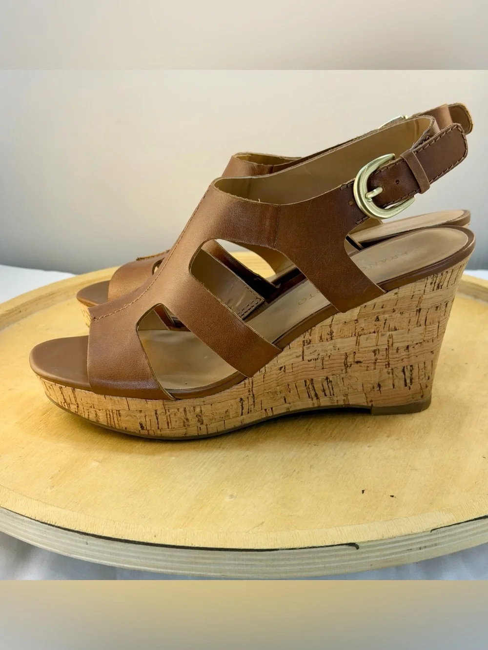 Franco Sarto Collette Brown Leather Cork Wedge Sandals